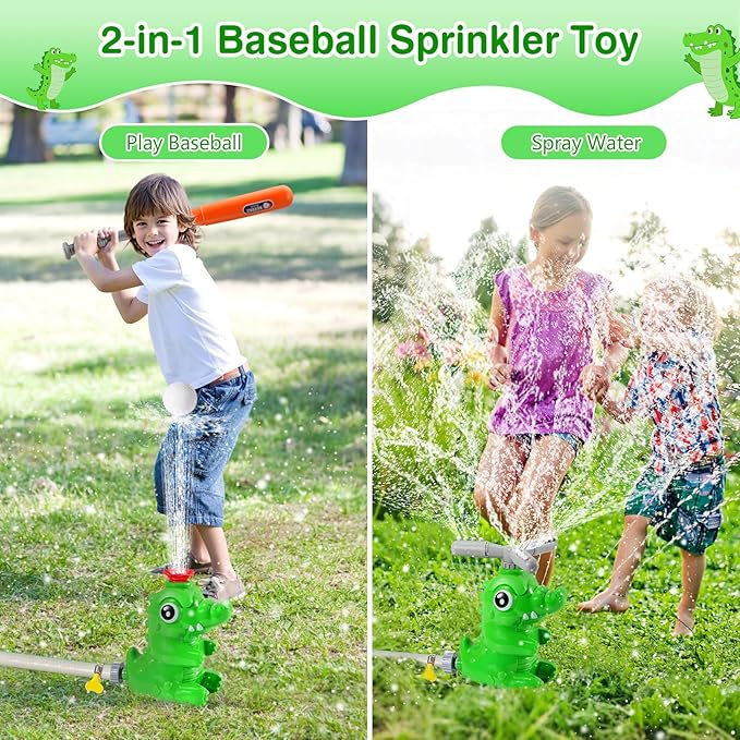 MoKo Water Sprinkler Baseball Toy for Kids Outdoor Play, 2 in 1 Baseball Water Games, 360° Rotatable Yard Sprayer Sprinkler, Toddler Outdoor Toys for Backyard Garden Lawn Pool, Green Crocodile