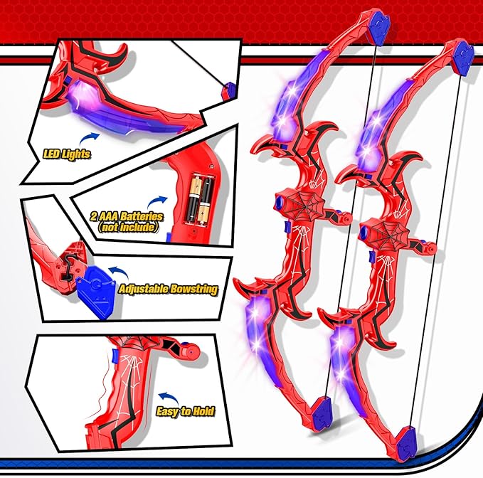 Spider Bow and Arrow for Kids, 2 Pack Archery Target Outdoor Toys Age 5-7 8-13 Boys Toys Light Up Shooting Games for 4 5 6 7 8-12 Year old Boy Birthday Gifts Bow Arrow Indoor Cool Stuff for Kid