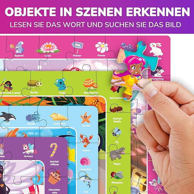 QUOKKA Princess Puzzles for Kids Ages 4-6 - Toddler Puzzles Ages 3-5 - 4-Pack 60 Piece Search and Find Jigsaw Puzzle 6-8 - Unicorn Mermaid Fairy Puzzle for Girls - Learning Educational Toy for 5 Year