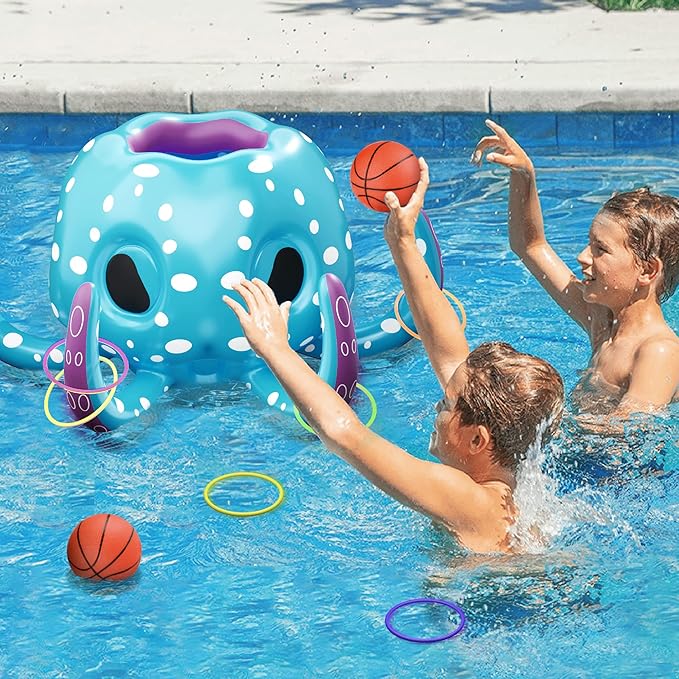 iPlay, iLearn Pool Wave Kids Octopus Pool Toys, 2-in-1 Inflatable Float Water Game, Basketball Hoop Ring Toss Outdoor Swim Play, Cool Summer Family Party Gift 3 4 5 6 7 8 Year Old Boy Girl Child-Blue