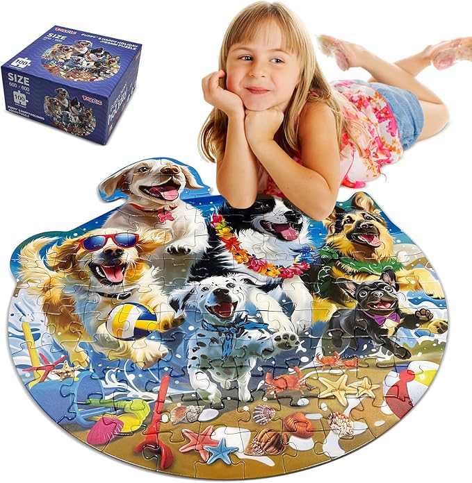 Puzzles for Kids Ages 4-6, 100 Piece Puppies Kids Floor Puzzles with Beach & Marine Animals, Perfect 7 Year Old Boys Girls Gifts, Large Jigsaw Puzzles for Children's Learn and Play