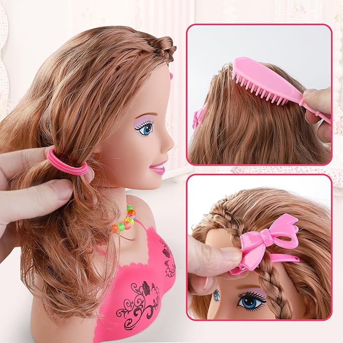 Makeup and Hair Styling Doll Head Toy Kit - Kids Pretend Play Set with Real Washable Cosmetics and Style Accessories for Little Girls