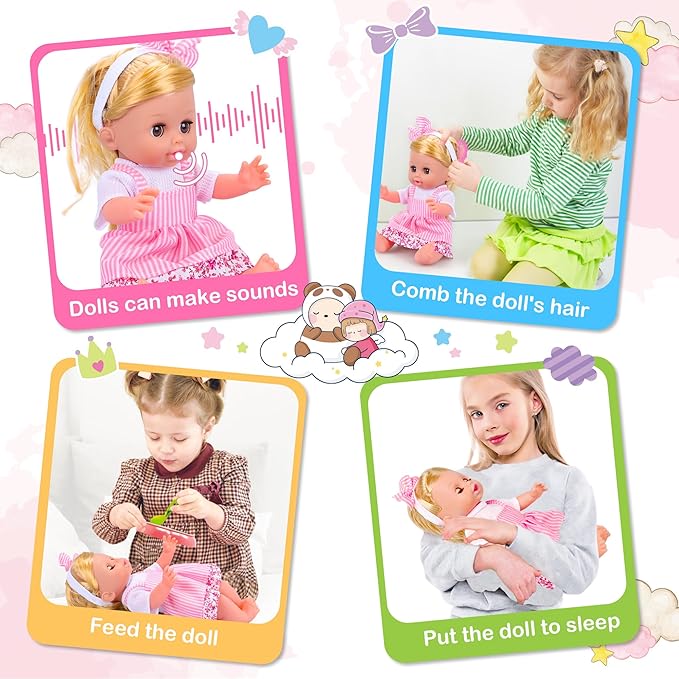 Baby Care Doll Toys Set, 36PCS Doll Playset, Hair Salon Pretend Play Toddler Doll Toys Incl 14'' Baby Doll Toy, Backpack, Hair Dryer, Hair curler, Xmas Gifts for Age 3 4 5 6+ Years Old Girls Kids