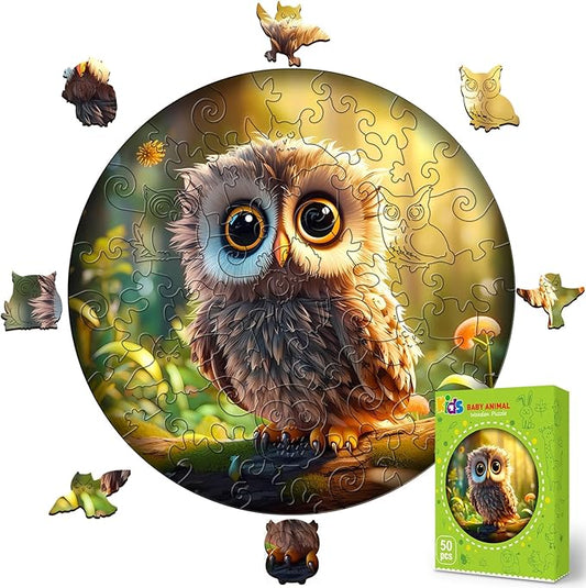 Easter Gifts for Kids Girls Boys, Easter Basket Stuffers, Wooden Jigsaw Puzzles for Kids Ages 4-6, 50 Piece Unique Shape Animal Theme Puzzle - Preschool Learning Educational Toys for Kid 3+ (owl)