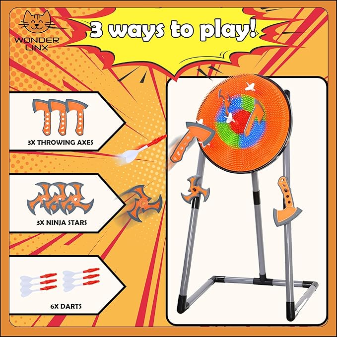 3 in 1 Throwing Game Toy Set - Dart & Axe Throwing Game with Bristle Target Dartboard - 3 Throwing Axes, 3 Stars, 6 Darts Included - with Travel Bag & Lightweight Stand - Indoor & Outdoor Game