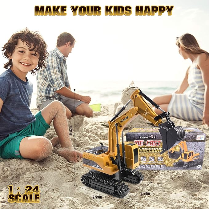 Construction Excavator Toy - Kids Toy Engineering Digger Truck, Remote Control Rechargable Hydraulic Car for 3 4 6 7 8 Year Old Boys Girls, Educational Toys for Kids & Children