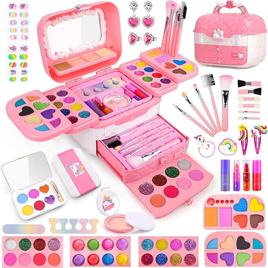 Auney 80 PCS Kids Makeup Kit for 5 6 7 8 Years Old, Unicorn Girls Toy for Little Girls Birthday, Princess Dolls Dress Up Toy for Performance Dance Show Role Play Party