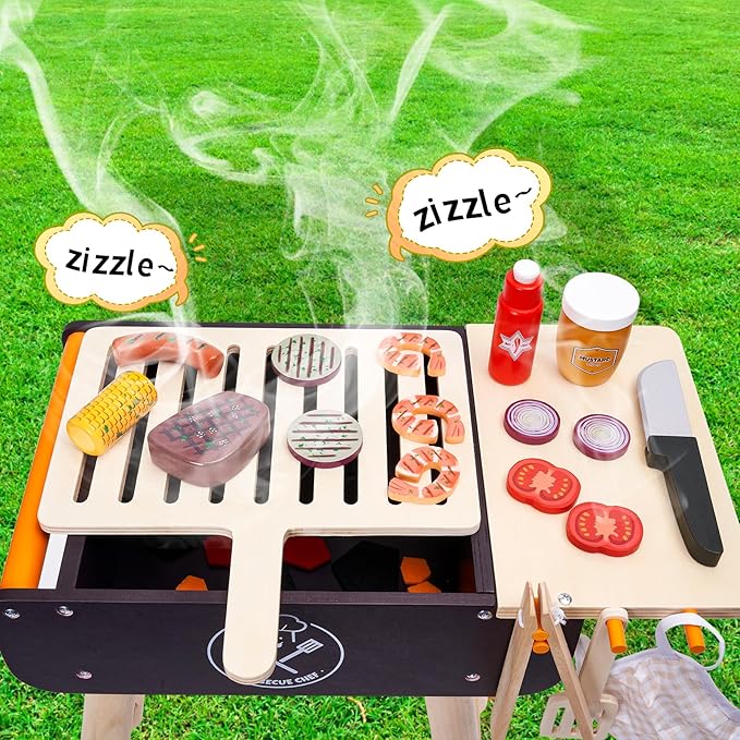 MerryPony Wooden Play Barbecue Toy Grill, Kids BBQ Grill Playset with Play Food and Grilling Tools, Kids Cooking Sets, Outdoor Play Kitchen Set, Pretend Play Kitchen Accessories Toddlers Age 3+