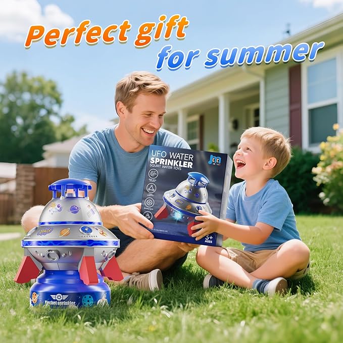 UFO Water Sprinkler for Kids, Water Rocket Toy Outdoor Summer Play W/Light & Spin, Adjustable Height Water Launcher, DIY Space Sticker, Backyard Lawn Gift for Girls Boys 3-12 Year Old Blue