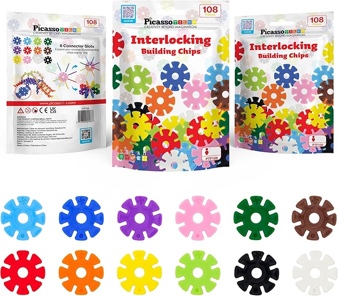 PicassoTiles Building Chips Interlocking Disc Construction Blocks in 12 Colors STEM Learning Early Education Toy Engineering Playset Child Brain Development for Toddlers Girls Boys Kids Age 3+ PTF108