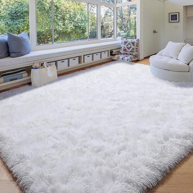 White Area Rugs for Bedroom Living Room, Fluffy Shag Rug 5x8 for Kids Room Decor, Modern Furry Plush Rugs for Baby Nursery, Teen Girls Boys, Cute Fuzzy White Fur Carpet for Dorm, Home Office, Playroom
