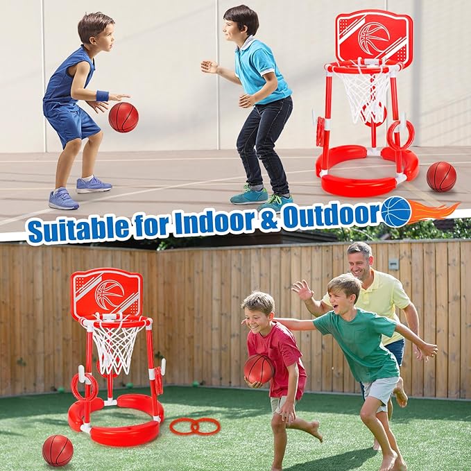 Pool Basketball Hoop, 2-in-1 Poolside Floating Pool Basketball Game, Swimming Pool Games for Kids Adults Indoor Outdoor Play, Water Play Toy Family Party, includes Hoop, Balls, Pump, Backboard, Red