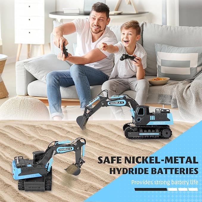 DOUBLE E Remote Control Excavator Toy RC Excavators Rechargeable Battery Digger Hydraulic Construction Toys Vehicles Xmas Gift for Boys Girls Kids 3-14 Years,Gray-Blue