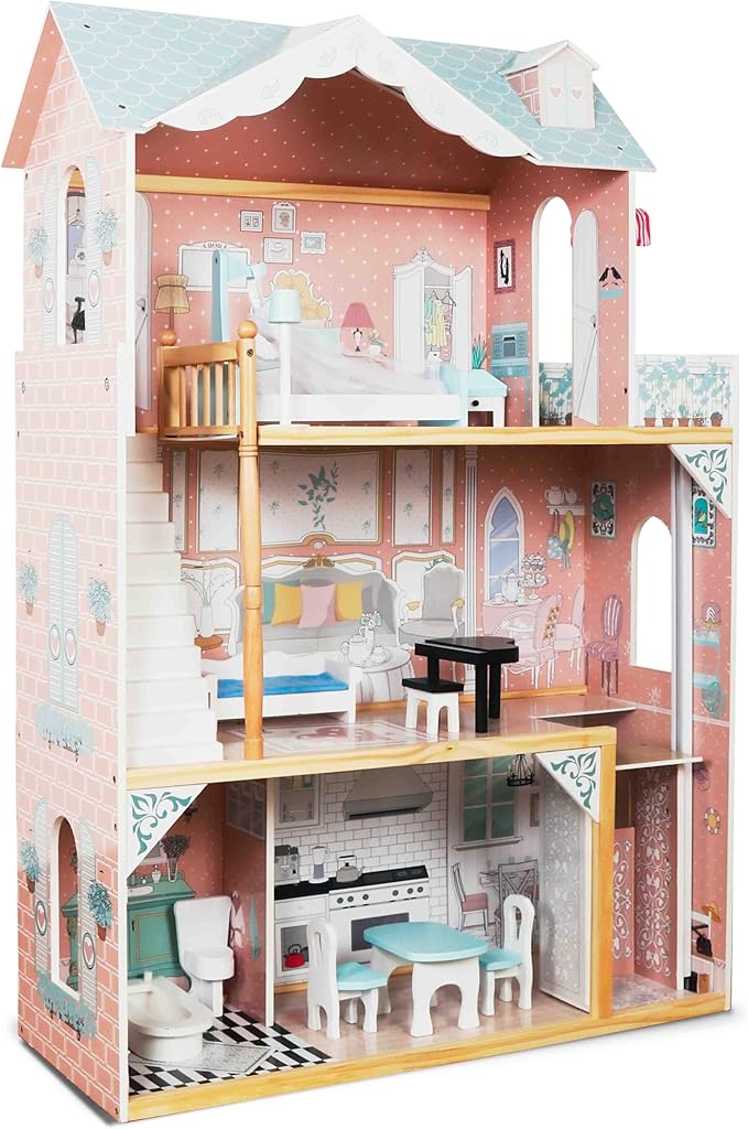 Lil' Jumbl Kids Wooden Dollhouse with Elevator, Balcony & Stairs, Accessories & Furniture Included, 3 Story Easy to Assemble Blue Dollhouse Toy - X-Large