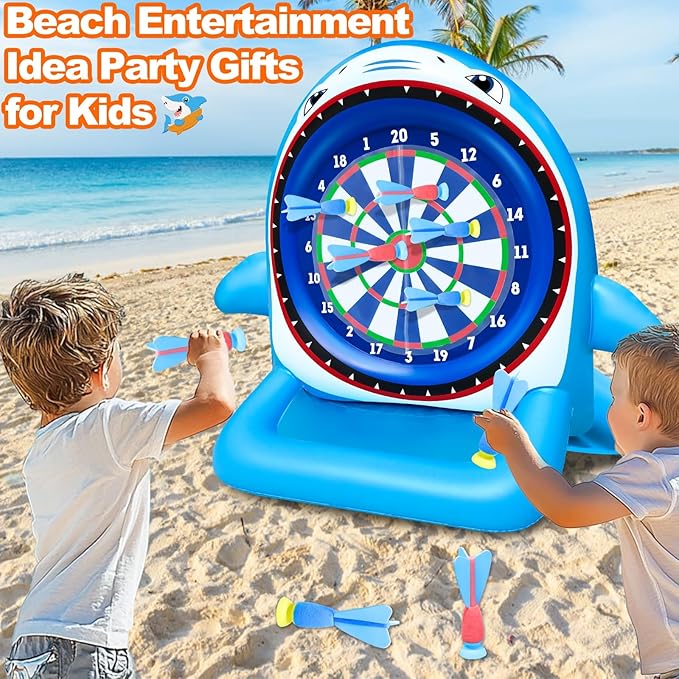 45" Large Inflatable Pool Toys Shark Dart Board with 8 Sticky Darts, Swimming Pool Floats Water Games for Kids Adults Family Summer Beach Yard Outdoor Play Cool Party Gift for Boys Girls 6-12 Years