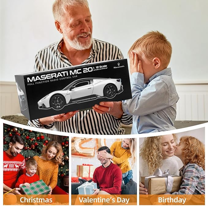 MIEBELY Maserati Remote Control Car, Openable Door 1:12 Scale Rc Toy Car 7.4V 900mAh Licensed 12Km/h Fast Rc Cars with Led Light 2.4Ghz Model Car for Adults Boys Girls Birthday Ideas Gift (White)