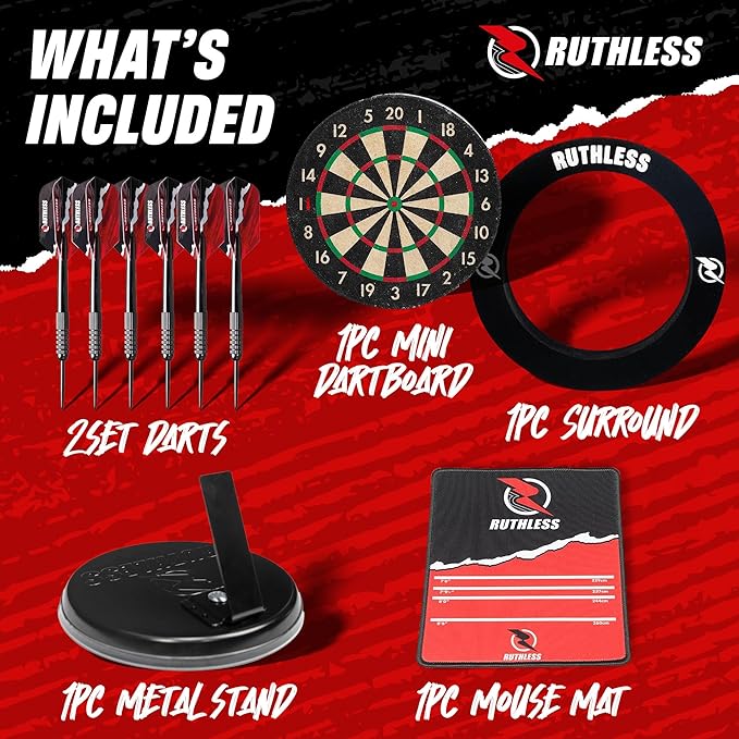 Ruthless Miniature Desk Top Dart Board Set for Home and Office - Includes Mini Steel Tip Darts, Choice of Surround and Mouse Mat