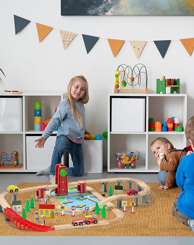 SainSmart Jr. Wooden Train Set for Toddler, Double-Side Wood Train Track with 4 Trains Fits Brio, Thomas, Melissa and Doug, Toy Railway Kit for Kids Ages 3+