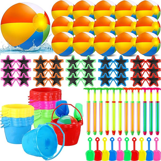 Tanlade 75 Pcs End of Year Students Gift Kids Beach Pool Party Favors Sand Buckets Shovels Neon Sunglasses Inflatable Beach Balls Water Guns Set for Outdoor Summer Swimming Pool Party Game