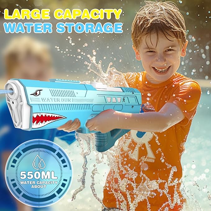 Electric Squirt Toy Water Gun - Battery Operated Powerful Squirt Gun Automatic Big Watergun Blaster Pistol Adults Kids Ages 4-8-12 Shark Party Favors Backyard Summer Outdoor Pool Beach Battles Game