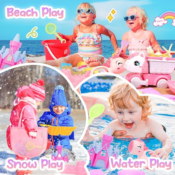 Tagitary Beach Toy Unicorn Sand Toys for Kids,Sand Castle Toys for Beach with Mesh Bag,Sand Shovels,Castle Sand Kits,Sifters,Unicorn Watering Can and Truck,Beach Essential Outdoor Toys for Kids