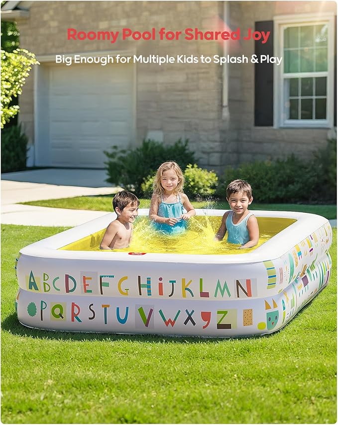 QPAU Kiddie Pool – 65" x 39" Inflatable Pool for Kids & Toddlers, Ball Pit & Baby Pool with Soft Floor, Educational Alphabet & Number, Durable Outdoor Play Toys for Backyard & Indoor Fun (Yellow)