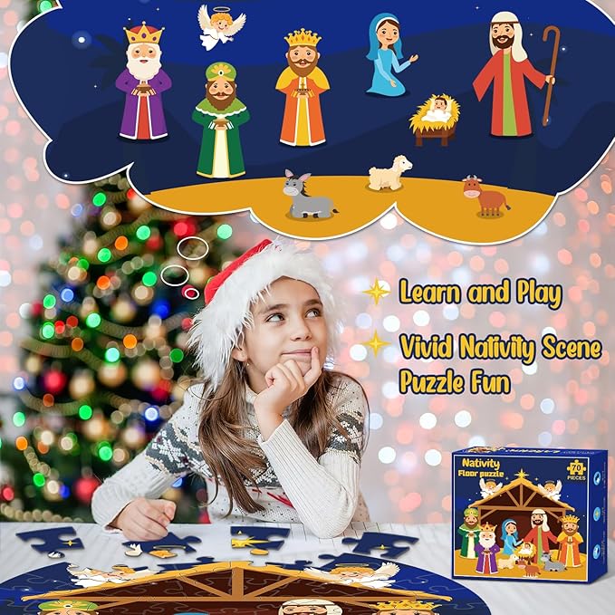 Nativity Scene Floor Puzzles for Kids Age 4-8, 70pcs Large Christmas Nativity Jigsaw Puzzles Educational Kids Puzzles Ages 3-6 for Kids Boys Girls