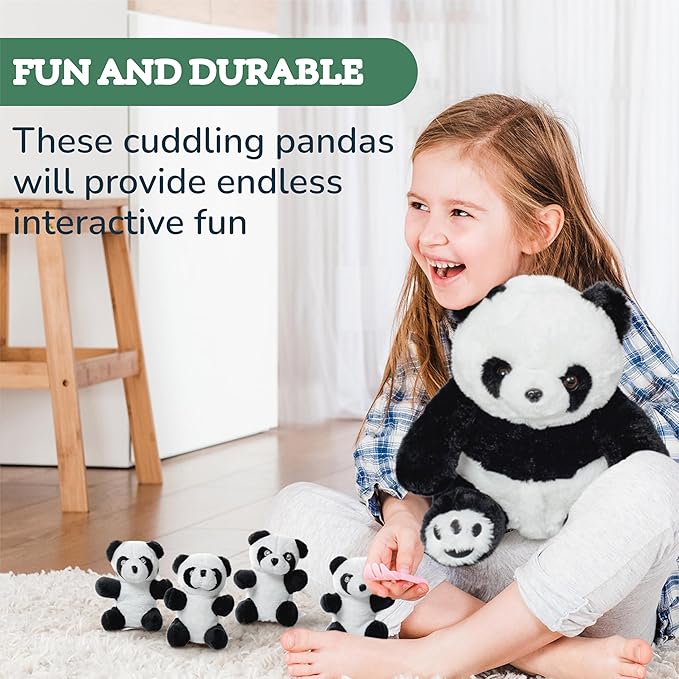 PixieCrush Panda Toys Stuffed Animal - Plush Mommy Panda with Zippered Belly and 4 Little Baby Pandas for Girls - White and Black Giant Stuffed Animal - Set of 5
