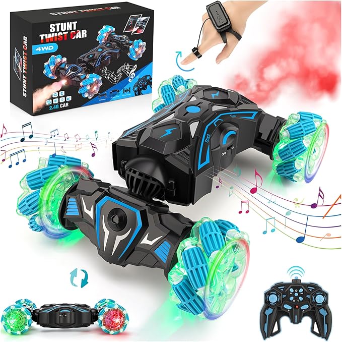 Gesture Sensing RC Stunt Car, Remote Control Car Toys for Boys 6-8-12, 360° Rotating 4WD Twist Cars with Light Music & Spray, Birthday Gift for Kids Age 6 7 8 9 10 11 12, 2.4Ghz Hand Controlled Toy