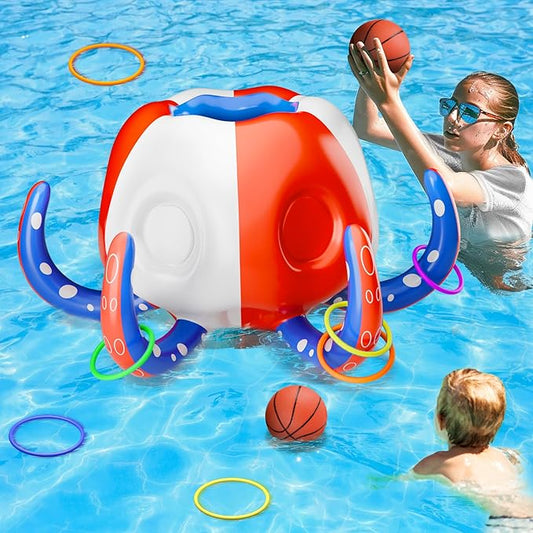 Pool Wave Kids Octopus Pool Toys, 2-in-1 Inflatable Float Water Game Basketball Hoop Ring Toss Outdoor Swimming Cool Summer Family Party Gift 3 4 5 6 7 8 Yr Old Boy Girl Child-Blue Red White