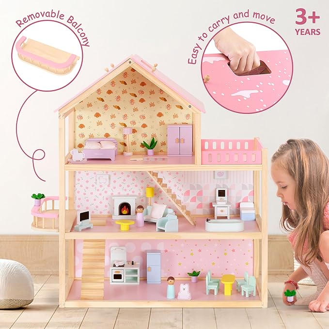 Wooden Dollhouse with 36Pcs Dollhouse Furniture Accessories, 7 Rooms Large Modern Doll House, Ideal Toy Gift for Girls Boys Toddlers Ages 3+