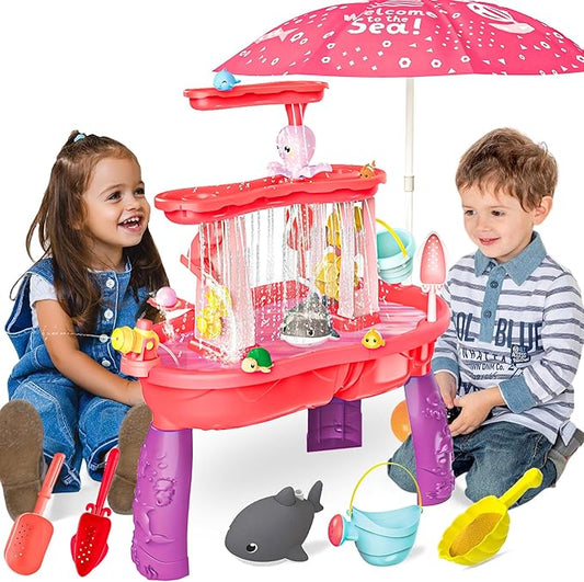 BELLOCHIDDO Water and Sand Table with Water Pumb & Umbrella - Summer Toys 3-Tier Kids Water Play Table, Outdoor Beach Toys with Cute Accessories