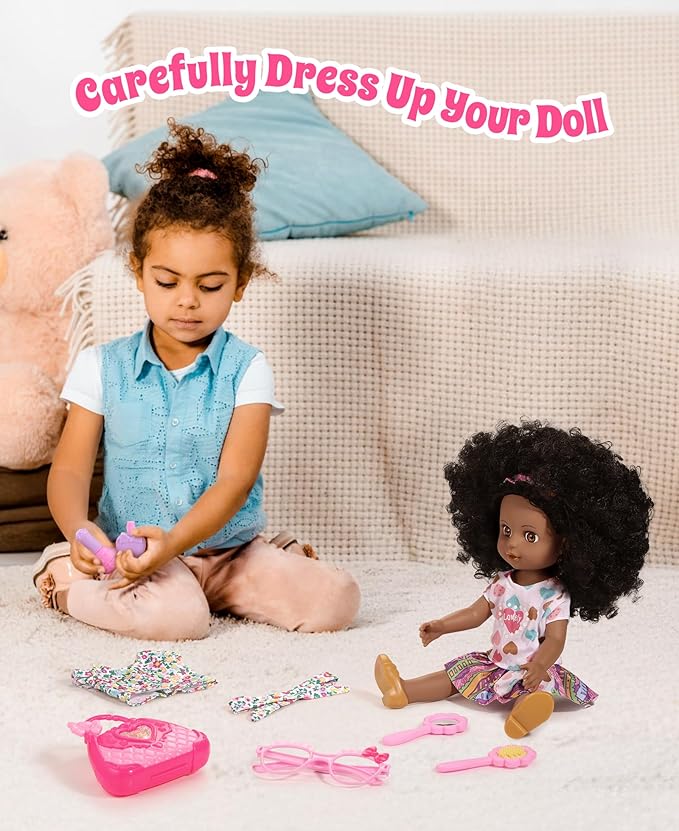 GAGAKU Black Doll for Girls, 14" Black Baby Dolls Set for Toddlers Kids 2 3 4 5 6 Years Old, Black Girl Baby Doll with Natural Hair, Including Doll Clothes Accessories