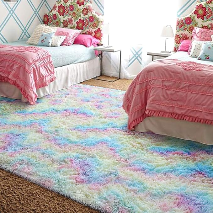 AROGAN Soft Rainbow Area Rugs for Girls Room 4x6 Feet, Fluffy Girls Bedroom Rugs, Princess Rug, Cute Colorful Carpet for Kids Teens Nursery Toddler, Pink