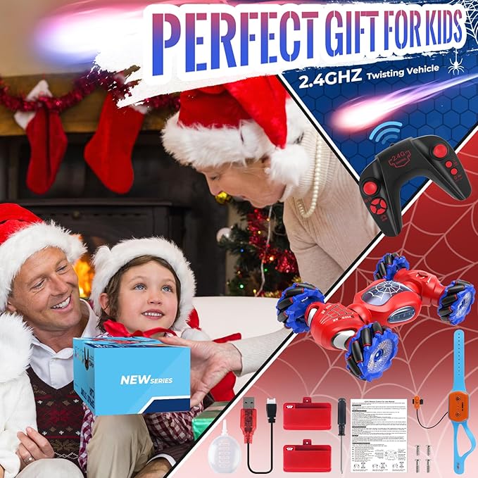 Spider Remote Control Car Toys for 6-12 Boys Girls, Birthday Gifts for Kids, 2.4Ghz 4WD Gesture Sensing RC Stunt Car with Light & Music & Spray, Double-Sided 360° Rotating Hand Control
