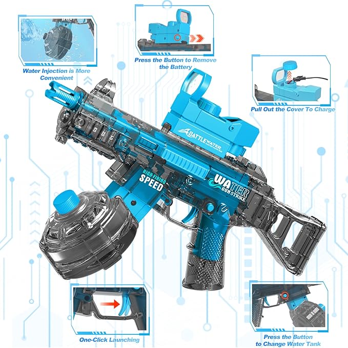 Electric Water Gun for Adults Kids High-Powered Automatic Squirt Water Gun with Large Capacity Strongest Water Blaster Up To 33 FT Long Range Summer Outdoor Beach Swimming Pool Water Fighting Toy Blue