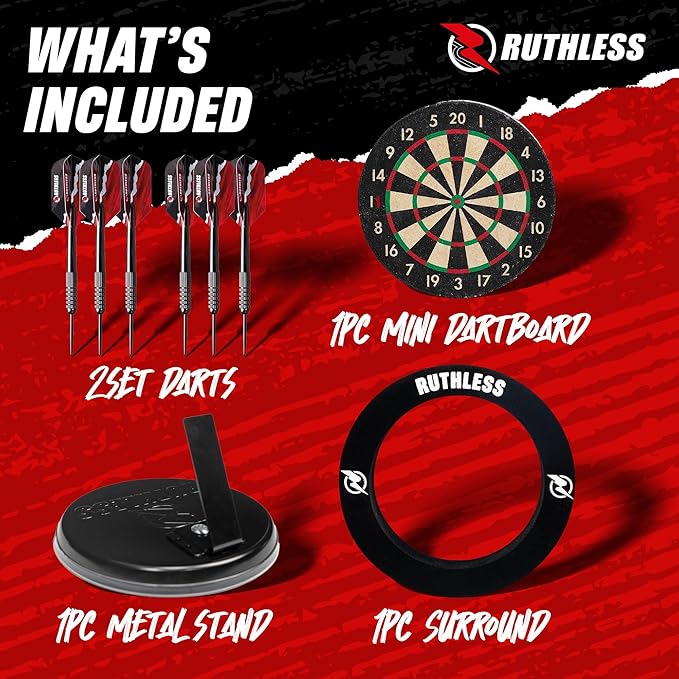 Ruthless Miniature Desk Top Dart Board Set for Home and Office - Includes Mini Steel Tip Darts, Choice of Surround and Mouse Mat