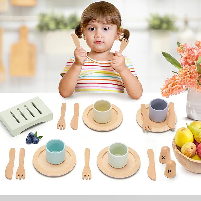 Wooden Toy Dish Set Toddler Plates and Cutlery Set Children's Kitchens Accessories Kids Role Play Food Gift for Girls and Boys