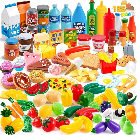 JOYIN 135Pcs Kids Play Food Set, Value Pretend Food for Play Kitchen with Fruit, Vegetable, Can, Dessert, Tableware, Bottles, Dramatic Plastic Toys for Toddler Boys Girls 3+ Years