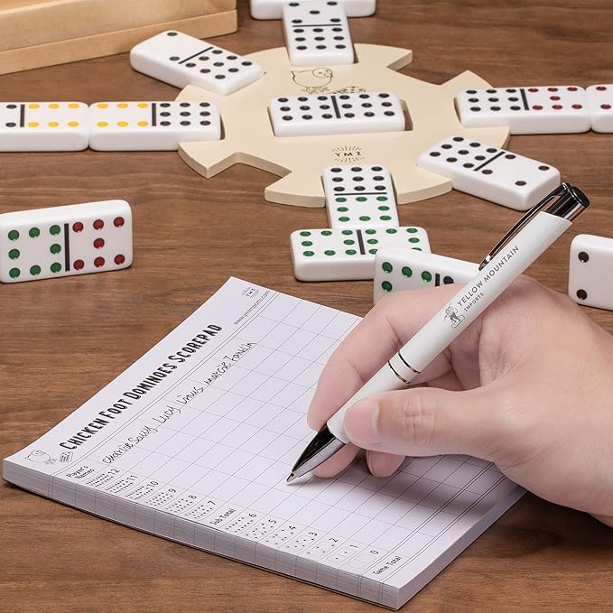 Yellow Mountain Imports Chicken Foot Complete Game Set with Double 9 Dominoes, Wooden Case, Hub, and Scorepad