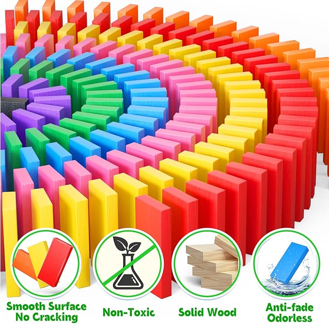 PEBIRA Large Dominoes for Kids, Wooden Dominos Set Include 200 PCS Colorful Domino Blocks, 11 Add-on Tricks and 1 Storage Bag, Bulk Building Dominoes, Kits Gift for Boys Girls Adult