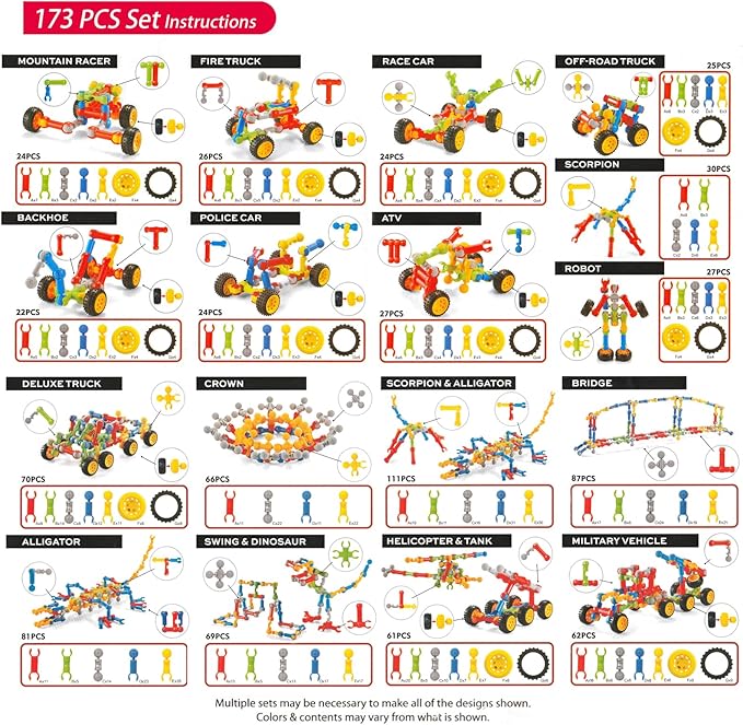 173pcs Kids Building Kit STEM Toys Building Blocks Toy Ages 4-8 Educational Construction Engineering Toys for 3 4 5 6 7 8 Year Old Boy and Girl Creative Kids Games Learning Activities