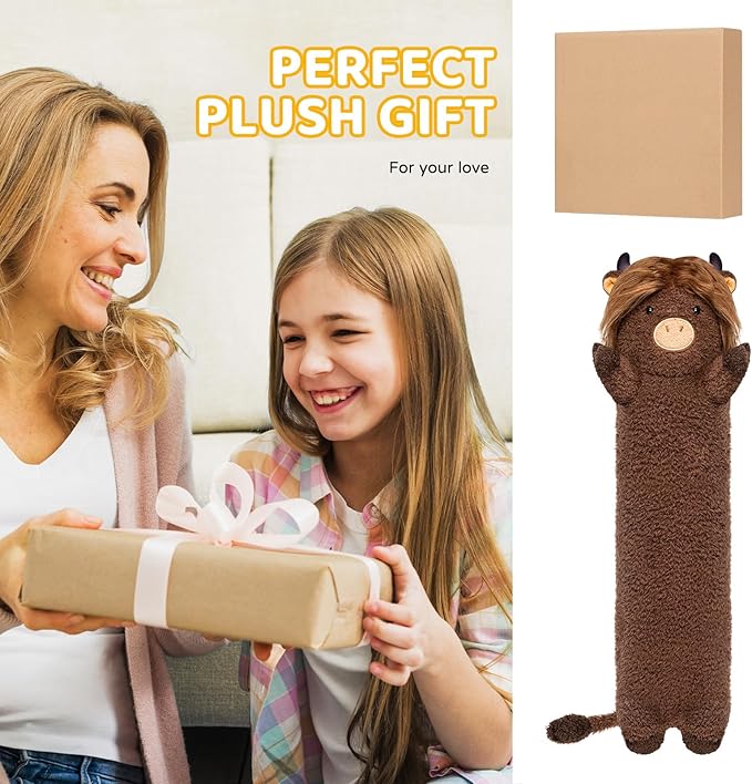 Long Plush Cow Body Pillow, Cute Highland Cow Stuffed Animals Soft Plushies, Cow Squishy Big Cuddle Pillow Toys for Girls (20 Inches), Dark Brown