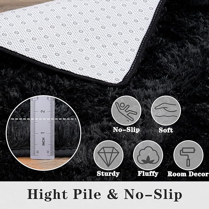 Super Fluffy 9x12 Rugs for Living Room, Modern Shag Black Area Rugs, Soft and Cozy Plush Large Under Bed Carpet for Kids, Girls Boys and Teens Decorations for Bedroom Dorm Nursery Classroom