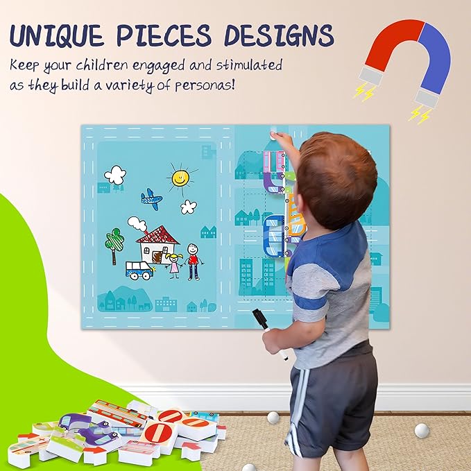 Marble Run for Kids, Vertical Magnetic Marble Maze Track with Doodle Board & Residue-Free Nano-Adhesive, STEM Explorers Brain Teaser Toy for Boys Girls Ages 3-12, Creative Thinking Games Gifts