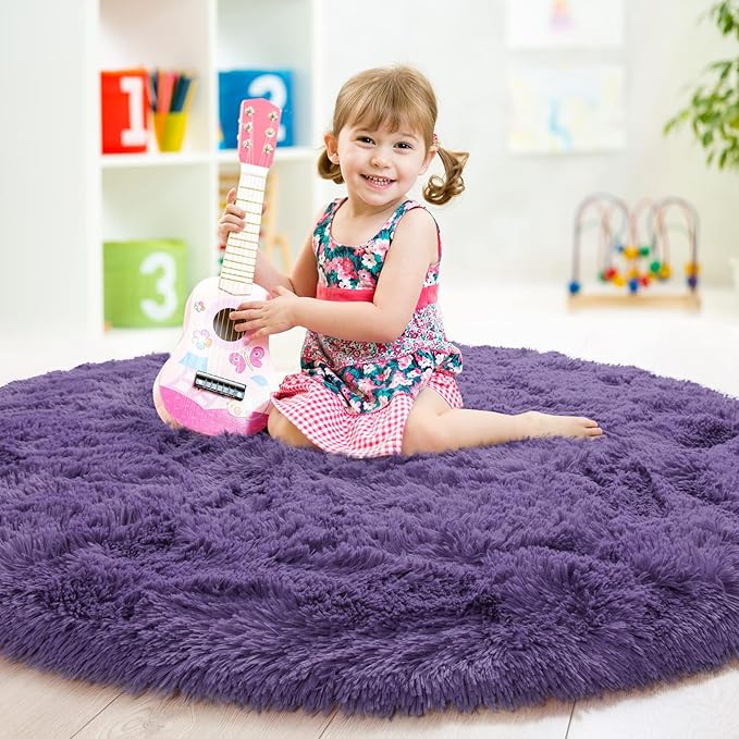 junovo Round Rug 5x5 Feet Fluffy Soft Area Rugs for Kids Girls Room Princess Castle Plush Shaggy Carpet Cute Circle Nursery Rug for Kids Girls Bedroom Baby Room Home Decor Circular Carpet, Grey-purple