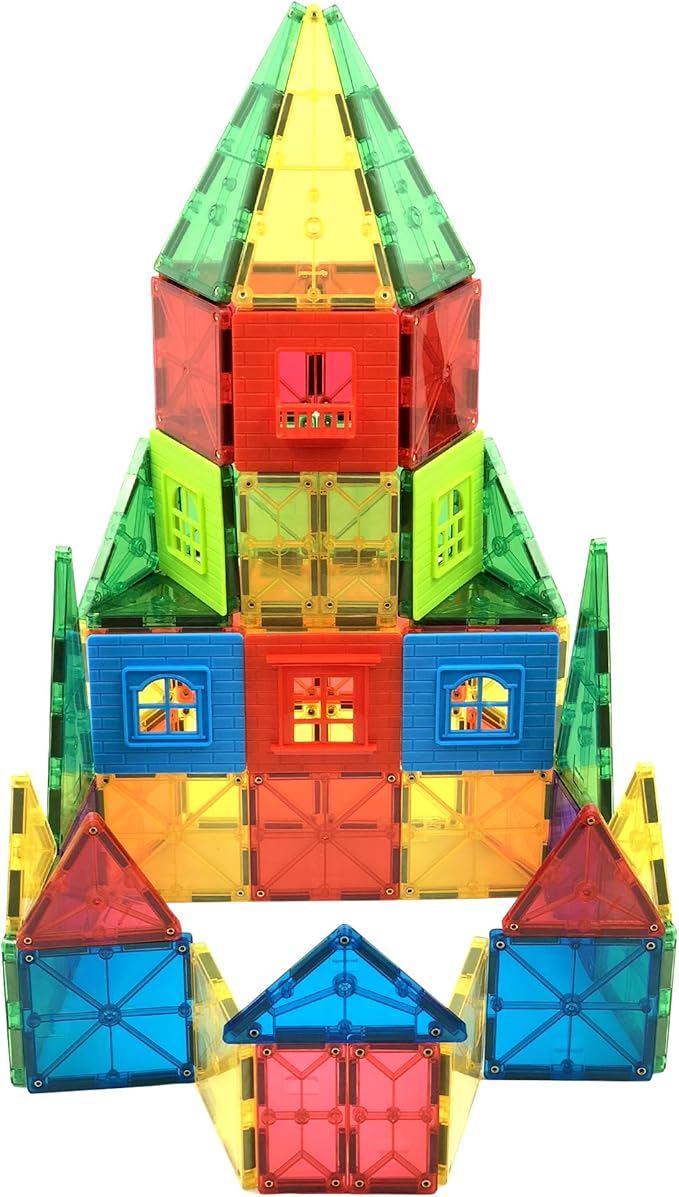 Magnet Tiles 110 Piece Magnetic Building Blocks Jumbo Tile Set, Clear 3D Magnetic Tiles Stem Educational Construction Playboards for Kids, Creative Clickins, Wheels, Bag, Safety Certified