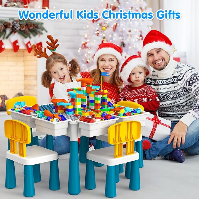 Toddlers Kids Table and Chair Set: Activity Table with 152Pcs Large Marble Run Building Blocks 4 Chairs Storage All in One Play Sensory Table Water Table Sand Table for Boys Girls 3-10 Year Old