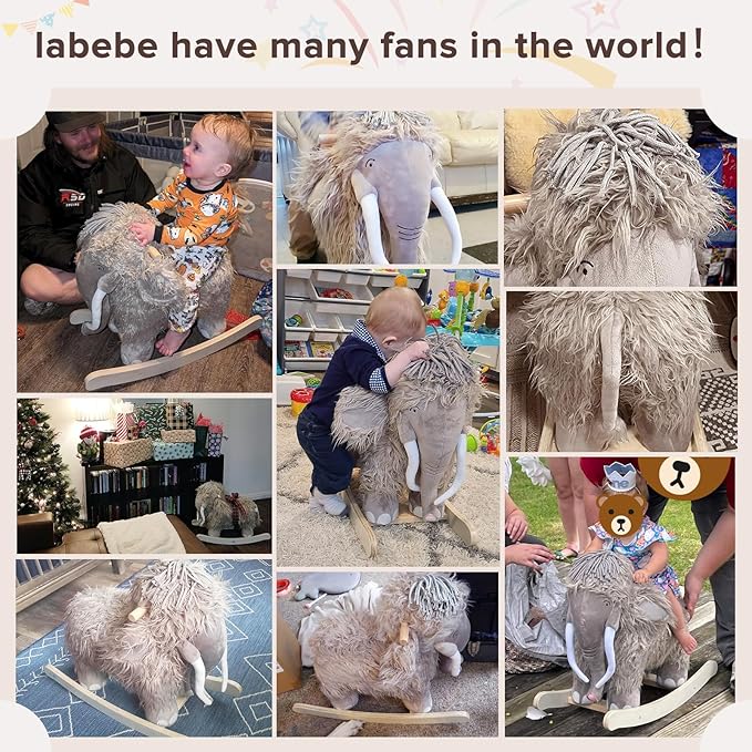 labebe - Plush Rocking Horse, Mammoth Rocker, Stuffed Rocker Toy for Child 1-3 Year Old, Kid Ride On Toy Wooden, Rocking Animal for Infant/Toddler Girl&Boy, Nursery Birthday Gift