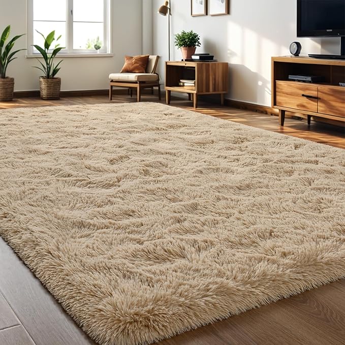 Nuttumico Fluffy Beige 8x10 ft Large Area Rugs for Living Room, Big Shaggy Floor Rug, Soft Plush Non-Slip Rectangle Carpet for Home Decor
